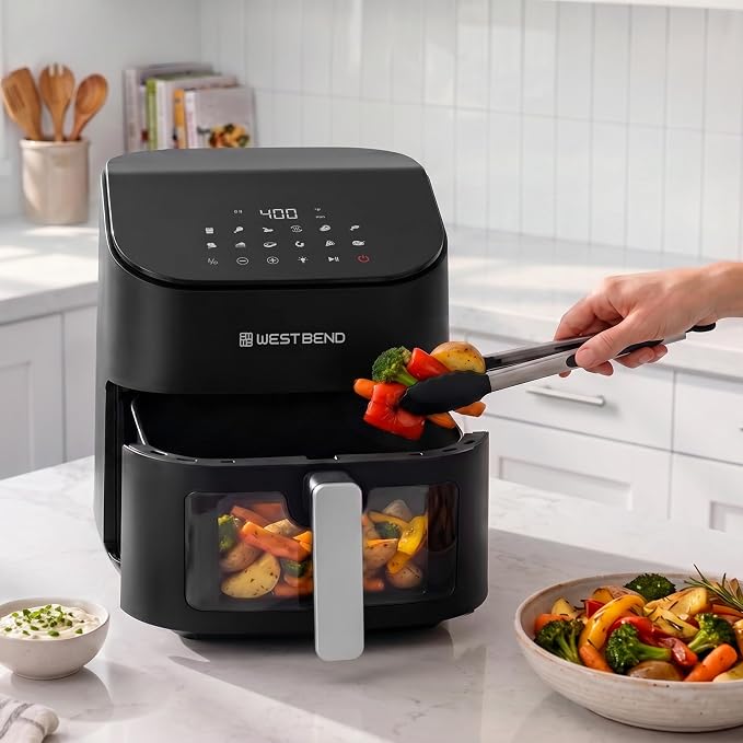 West Bend Digital Air Fryer 7 Qt with One-Touch Presets, Shake Reminder for Even Cooking, Fast 1600W Heating, Nonstick Easy-Clean Basket, in Black/Silver