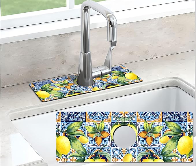 Kitchen Sink Splash Guard Faucet Mat Super Absorbent Fast Drying Mat Sink Gadgets Splash Guard Behind Faucet Drip Catcher for Kitchen (Lemon, 15x5.5in)