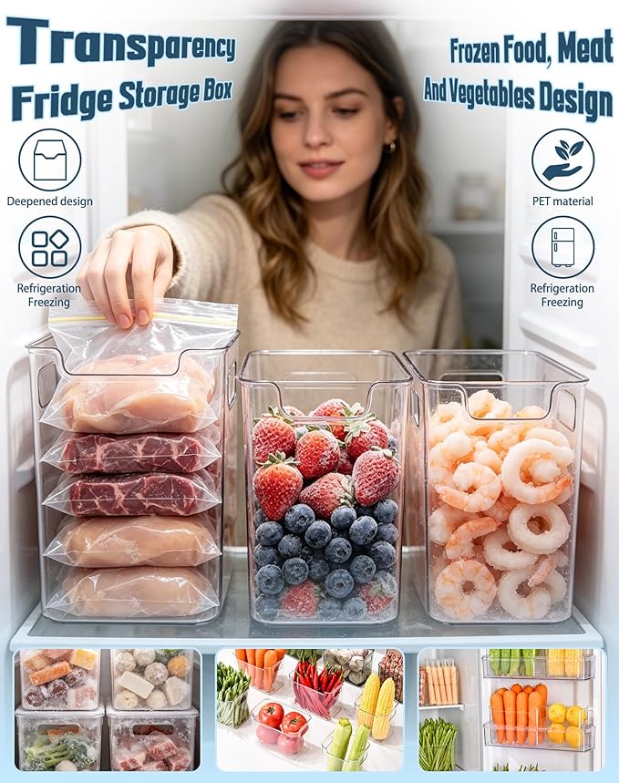 Crystal Clear Freezer Storage Bins - 4 Pack Clear Plastic Bins for Refrigerator and Pantry, Stackable Kitchen Cabinet Organizer with Handles for Frozen Food, Meat & Veggies (4PCS S)