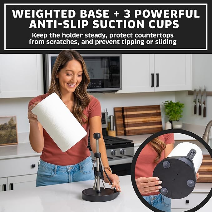Stainless Steel Tension Arm Paper Towel Holder - Easy One-Handed Operation - This Sturdy Weighted Paper Towel Dispenser Countertop Model Has Suction Cups and Holds All Paper Towel Rolls (Black)