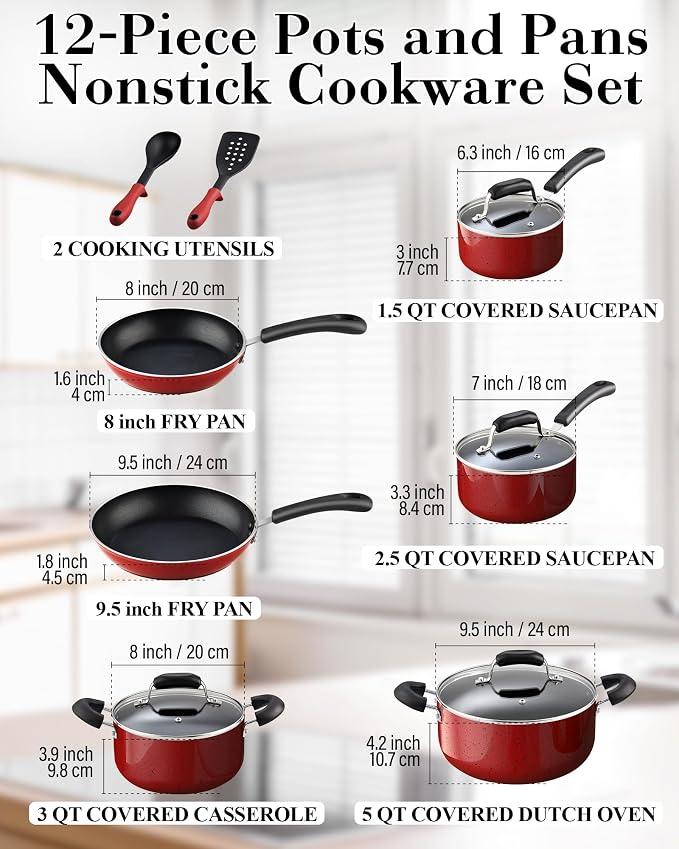 Cook N Home Professional Pots and Pans Nonstick Cookware Set, Kitchen Cooking Set with Frying Pans and Saucepans, Induction Compatible, 12-Piece, Red