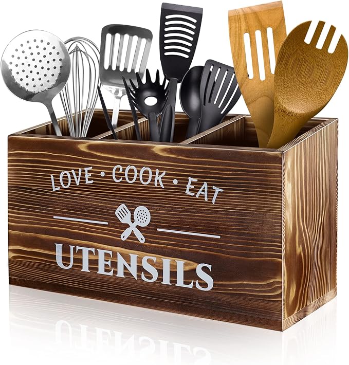 MINCORD Brown Utensil Holder Rustic Wood Utensil Caddy Crocks with 3 Compartments for Kitchen Counter, Farmhouse Flatware Organizer Storage Box for Silverware Fork Spoon Spatula