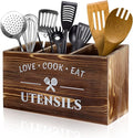 MINCORD Brown Utensil Holder Rustic Wood Utensil Caddy Crocks with 3 Compartments for Kitchen Counter, Farmhouse Flatware Organizer Storage Box for Silverware Fork Spoon Spatula
