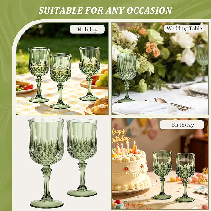 7OZ Plastic Wine Glasses, Reusable Vintage Goblets Unbreakable Drinking Glasses Crystal Water Cups Champagne for Wedding, Parties (24, Light Green)
