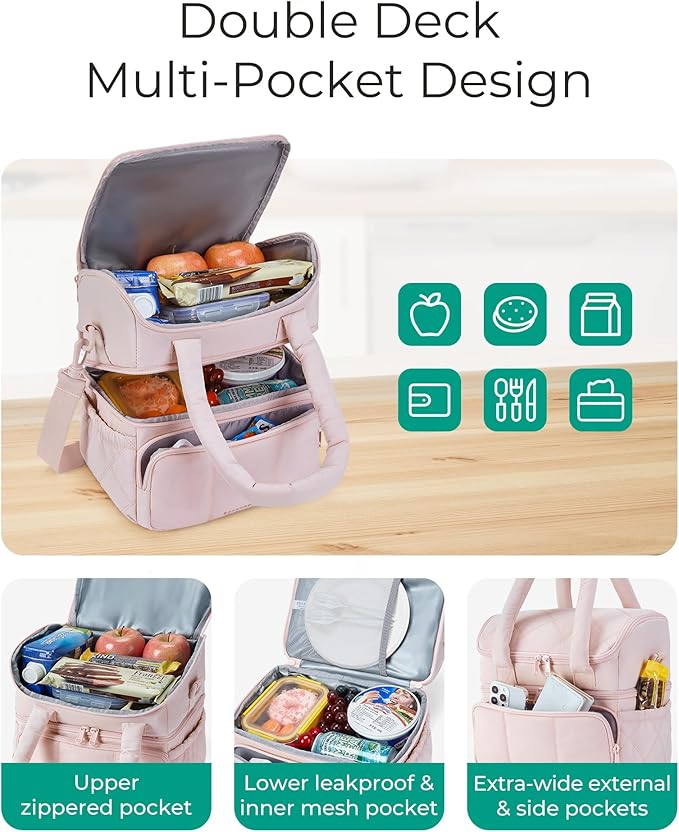 BAGSMART Lunch Bag Women, Double Deck Insulated Lunch Box, Quilted Puffer Lunch Tote, Leakproof, Durable & Reusable Large Lunch Cooler For Work Picnic Travel Meal Prep, Teal