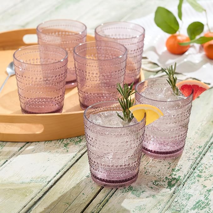 Santa Fe Plum Set of 6 Premium Acrylic DOF Glasses 16 oz – Unbreakable Drinkware with Textured Bubble Design, Dishwasher Safe Tumblers for Indoor & Outdoor Use
