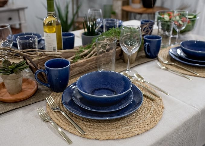 Elanze Designs Reactive Glaze Stone Ceramic Plates Bowls Mugs Classic Dinnerware 16 Piece Set - Service for 4, Blue