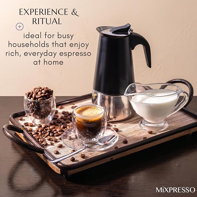 Mixpresso Black 9 Cup Greca Stovetop Espresso Pot 450ml/15oz, Moka Pot with Coffee Percolator Design, Stainless Steel Stove Top Coffee Maker for Camping or Home Use,Italian Stovetop Espresso Maker