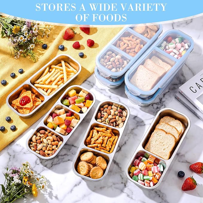 8 Pack Stainless Steel Snack Containers with Leak Proof Lids, 2/3 Compartments Metal Bento Lunch Box, Reusable Divided Food Storage Container for Adults Home Travel Work (Blue)
