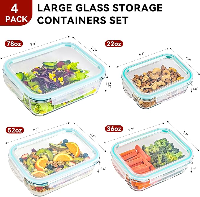 GEHE 4 Pack Large Glass Storage Containers with Airtight Lids, 78/52/36/22oz Glass Meal Prep Food Storage Containers for Baking, Storing, Leakproof, BPA Free, Microwave/Freezer/Dishwasher Safe