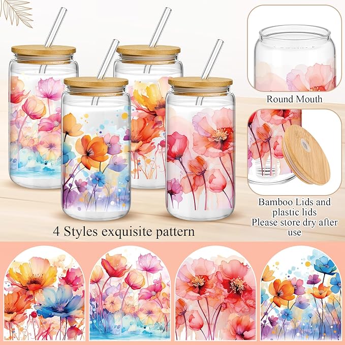 Mumufy 4 Pack Wildflower Glass Cups Gift Aesthetic Cute Glass Cup Tumbler Flower Iced Coffee Mugs 16 oz with Bamboo Lid & Straw, for Wedding Birthday Bridesmaid Mom Baby Shower