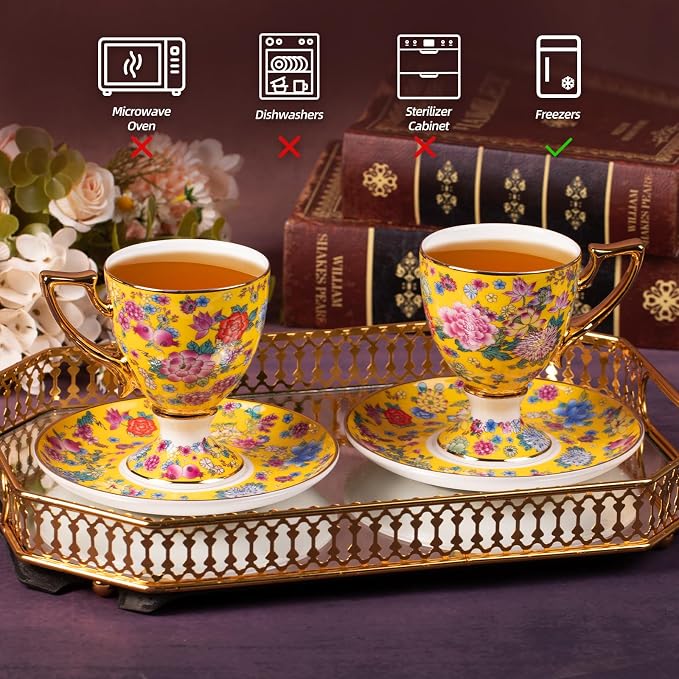 KAMMAK Tea Cups and Saucers Set of 2, Porcelain Coffee Cups, 7oz Stackable Espresso Mugs, Ceramic Demitasse for Coffee, Latte, Americano, Tea (622N)