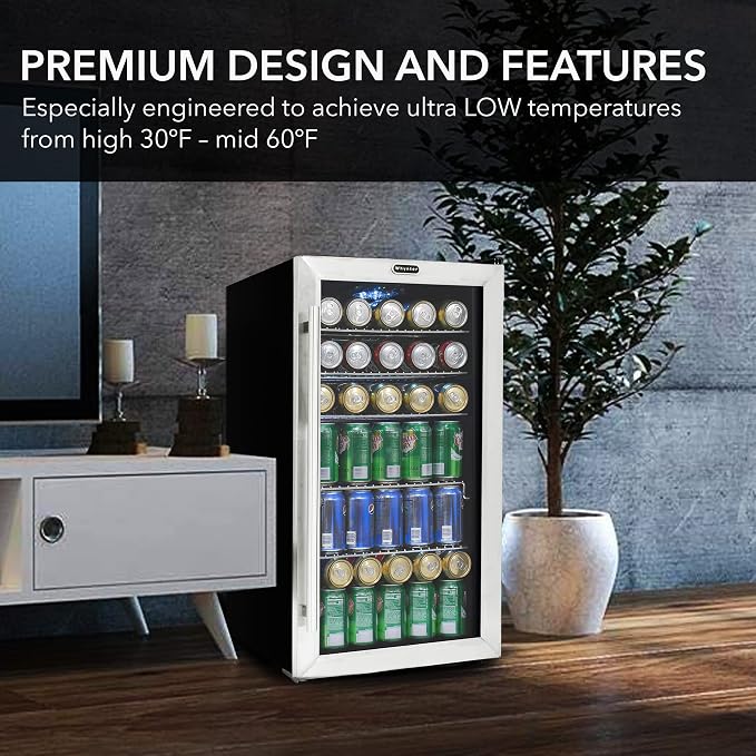 Whynter Beverage Refrigerator with Double-Layer Glass Door, 127-Can 3.1 Cu Ft Freestanding Drink Mini Fridge, BR-130SB, Stainless Steel