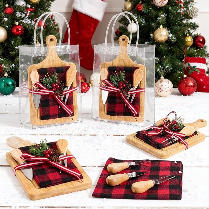 6 Set Christmas Cutting Board Gift Bulk Wooden Cheese Charcuterie Board Gift Set with Knives Forks Red Berry Towels Gift Bags Kitchen Housewarming Gifts for Neighbor Guest Xmas Holiday Party Decor