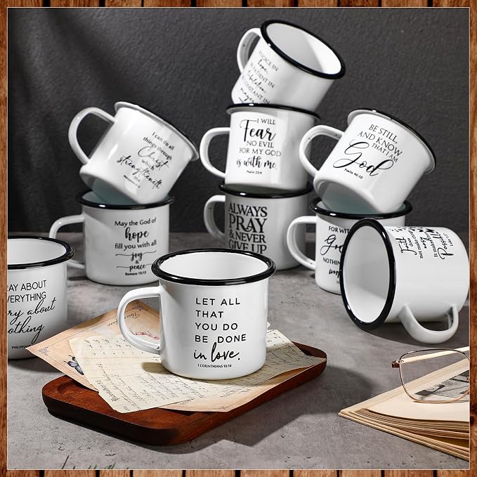 Mifoci Christian Enamel Mugs Gifts Inspirational Coffee Mugs with Handle Bible Verse Religious Camping Cups Church Party Favors for Church Clergy Pastor Men(White,12 Pcs)