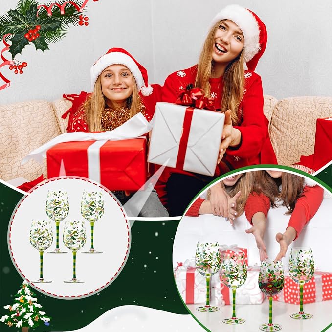 SiliFine 4 Pcs Christmas Holly Berry Party Stemmed Wine Glasses Hand Painted Drinking Cup Wine Glasses Gifts for Birthday Theme Holiday Party Supplies