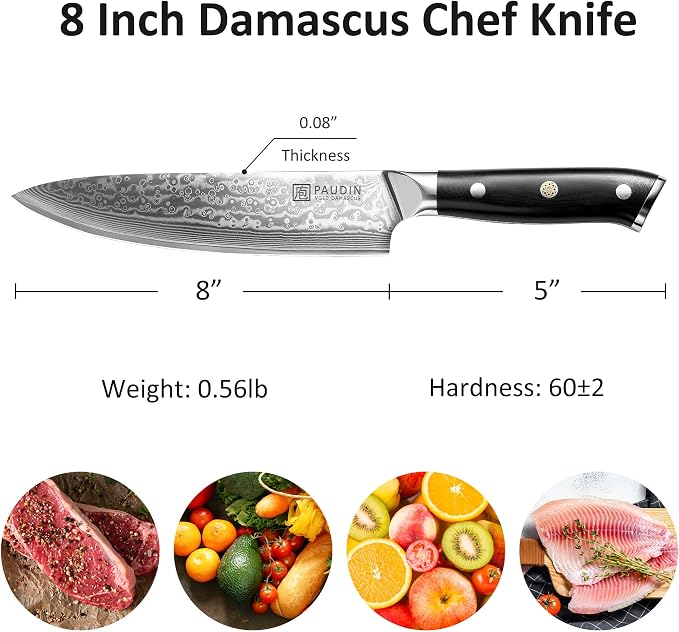 PAUDIN Chef Knife 8 Inch, 67-Layer Japanese VG10 Steel Core Damascus Kitchen Knife, Razor Sharp Japanese Chef Knife with Ergonomic G10 Handle for Home, Restaurant