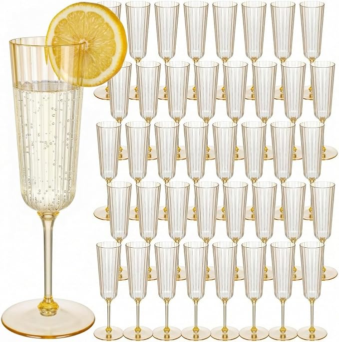 Jingmore 48 Pcs Plastic Ribbed Champagne Flutes With Stem, 6.4 oz Clear Vintage Disposable Vintage Glasses for Wedding Birthday Anniversary (Gold)
