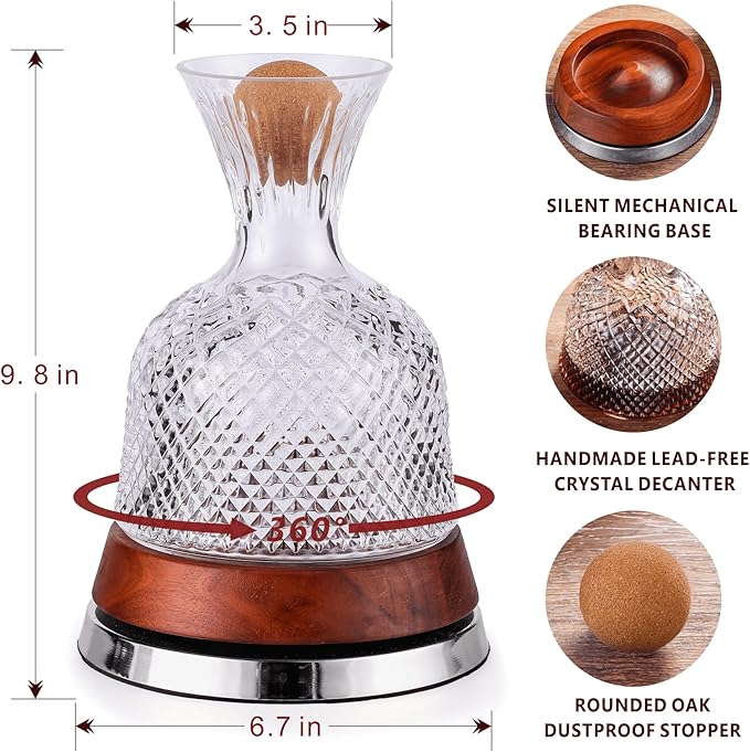 Rotating Wine Decanter Set with Solid Wood Base, Fun Crystal Glass Wine Carafe, Red Wine Decanter, Wine Accessories, Wine Gifts, Perfect for Home Bar (Silver Accents)