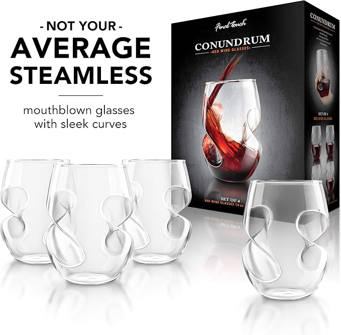 Final Touch Conundrum Red Wine Glasses - Set of 4 Stemless Handcrafted Glasses - 16 Ounce - Curves for Comfortable Holding - Dishwasher Safe (GG5009)