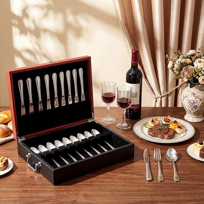 DoubleFill 1 Layer Leather Silverware Storage Box with Lid and Handles, Anti Tarnish Silverware Storage Chest Case with Felt-lined for 12 Sets of Utensils Flatware Gifts, 15.3x11.2x3.6 Inch