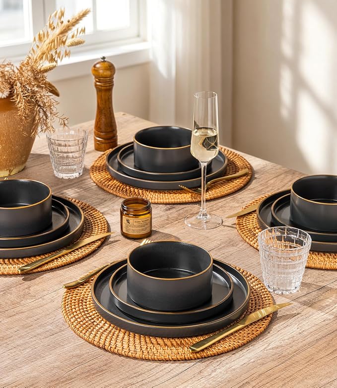 LERATIO Ceramic Dinnerware Sets for 4,Matte Stoneware Plates and Bowls Set, Chip and Crack Resistant | Oven & Dishwasher & Microwave Safe Dishes Set, Service for 4-Ashen Gold Rim