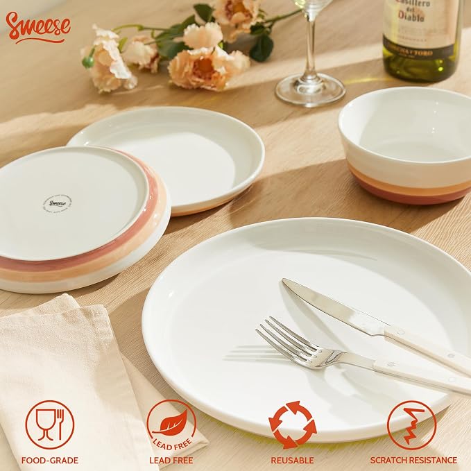 Sweese Plates and Bowls Sets,18 Pieces Modern Porcelain Dinnerware Set for 6 Handcrafted Uniqe Dinner Set Ceramic Dishware Dishes Microwave and Dishwasher Safe, Terra Cotta