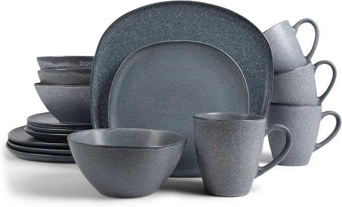 Elanze Designs 16-Piece Modern Luxury Chic Smooth Vintage Handmade Shape Matte Finish Ceramic Stoneware Square Plate Mug & Bowl Kitchen Dinnerware 16 Piece Set - Service for 4, Slate Grey