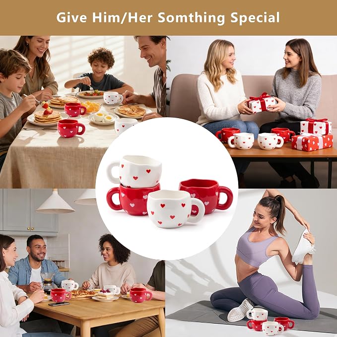4pcs Ceramic Hearts Mugs Set, 9.4OZ Cute Love Coffee Cup Set, Red and White Color, Dishwasher Safe Espresso Cups, Gift for Women (Heart)