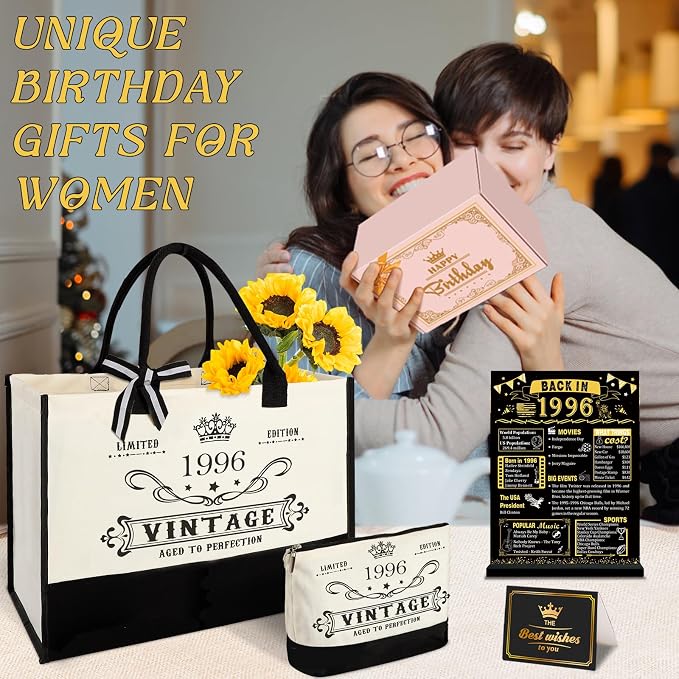 YeohJoy 30th Birthday Gifts for Women Canvas Tote Bag Travel Gear, Unique 30 Years Old Birthday Gifts for Mom Wife Aunt Friends Her, Vintage 1996 Handbag & Cosmetic Bag & Back in 1996 Poster