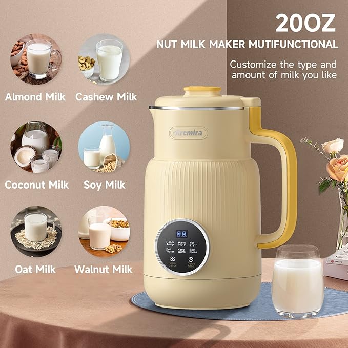 Arcmira 𝟲 𝗶𝗻 𝟭 Nut Milk Maker, 20 oz(600ml) Homemade Almond, Oat, Soy, Coconut, Plant Based and Non Dairy Beverages, Milk Blender Machine with Delay Start, Keep Warm, Boil Water, Self Cleaning