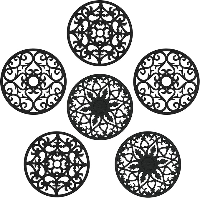 Trivets for Hot Dishes, Silicone Trivet Hot Pads for Kitchen, Silicone Trivets for Hot Pots and Pans, Round Silicon Pot Holder for Tabletop, Heat Resistant Mat for Countertop Set of 6 Black