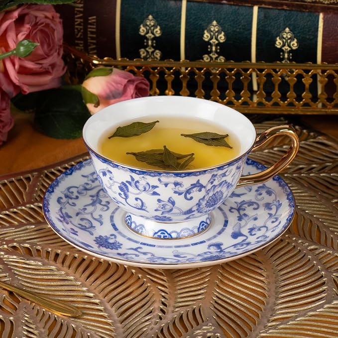 KAMMAK Tea Cups and Saucers Set of 2, Porcelain Coffee Cups, Stackable Espresso Mugs, Ceramic Demitasse for Coffee, Cappuccino, Latte, Americano, Tea, Enamel - Blue