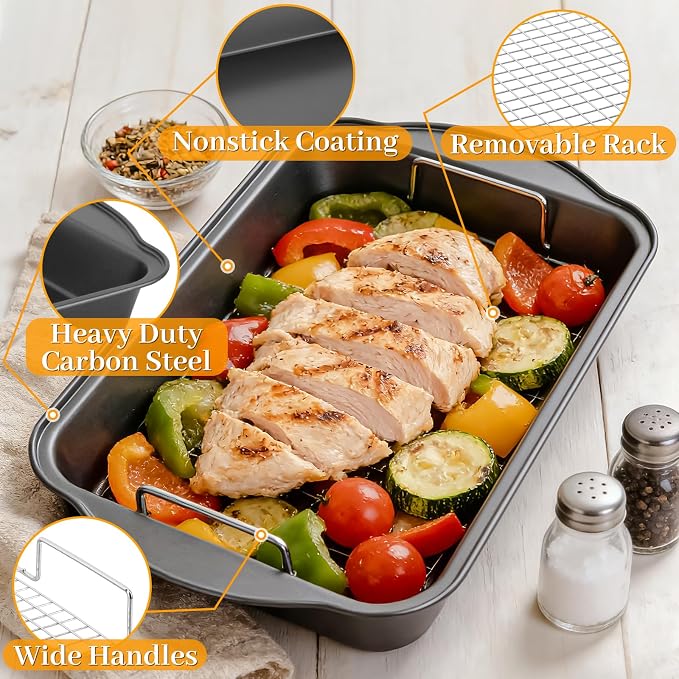 6PCS Deep Baking Pan Set - 17.5 x 9.4 Inch Baking Pans with Cooling Racks & Oven Mitts, Heavy Duty Roasting Pan with Wide Handles, Nonstick Oven Pan for Brownies, Biscuits, and Cake, Black