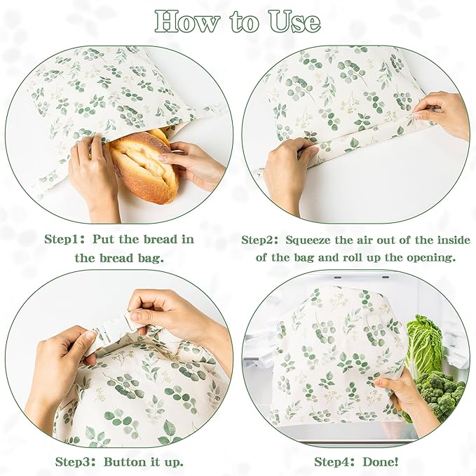 Reusable Beeswax Bread Bags - 3 Pack Bees Wax Food Bag, Homemade Sourdough Bread Storage with Bowl Cover, Linen Cotton Large Beeswax Freezer Container for Home Kitchen (Eucalyptus Leaf)