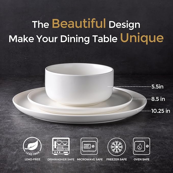 LERATIO Stoneware Dinnerware Sets for 4,Handcarft Ceramic Plates and Bowls Sets,Chip and Scratch Resistant Dishes, Dishwasher & Microwave Safe, Oven safe,Reactive Glaze-White