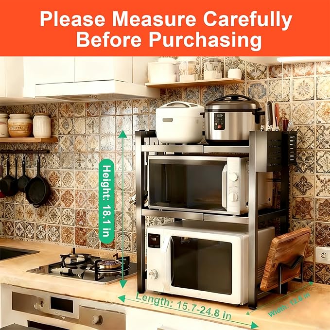 Microwave Oven Rack, Expandable Microwave Stand Countertop Shelf Heavy Duty 3-Tier Shelf with Cutting Board Holder Knife Rack and Chopstick Storage for Kitchen Top Organizer, Holds 55lbs, 6 Hooks