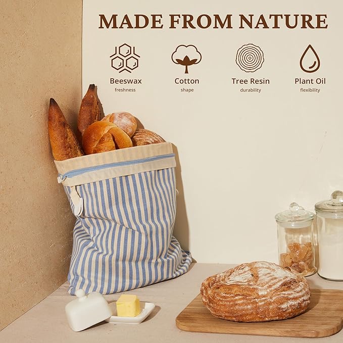 BRONYPRO Reusable Beeswax and Cotton Bread Bags with Zipper, 2-Pack Waxed Bread Bags for Homemade Bread & Sourdough, Sustainable Sourdough Loaf Storage to Lock in Freshness, Large 17x12.6in, Blue