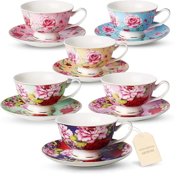 BTaT- Floral Tea Cups and Saucers, 8 oz, Set of 6 | Fine Porcelain Teacup Set with Gold Trim for Afternoon Tea Weddings Parties Gifting Dishwasher Safe Lightweight Non Toxic