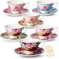 BTaT- Floral Tea Cups and Saucers, 8 oz, Set of 6 | Fine Porcelain Teacup Set with Gold Trim for Afternoon Tea Weddings Parties Gifting Dishwasher Safe Lightweight Non Toxic