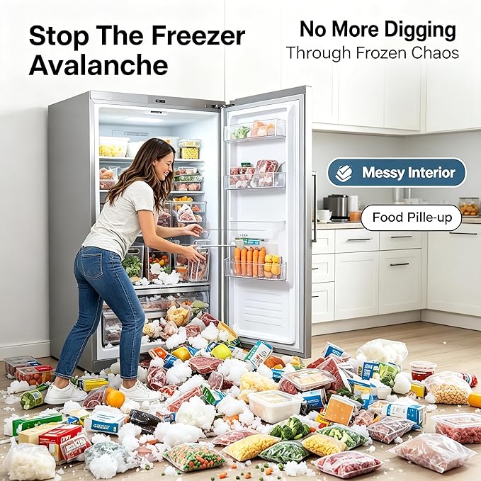 Clear Plastic Freezer Storage Bins, 4 Pack Stackable Refrigerator Organizer Containers with Handles for Meat, Veggies, and Pantry (2PS Small Size*2ps Large)