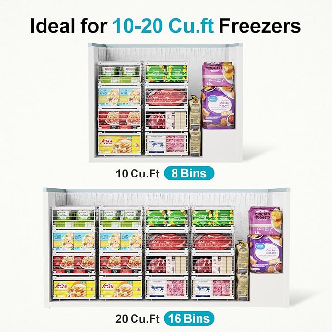 iSPECLE 4 Pack Freezer Organizer Bins - Fit 10 to 20 Cu.Ft Deep Freezer, Expandable Wire Storage Chest Freezer Baskets for Frozen Food, Stackable with Handles, White