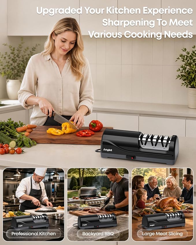 Electric Knife Sharpener for Kitchen, 3-Stage Knife Sharpener Electric with 100% Diamond Abrasives, 20° Precision Angle Guide, Fast & Safe Sharpening for Chef Knives, Home Use & Beginners (Black)