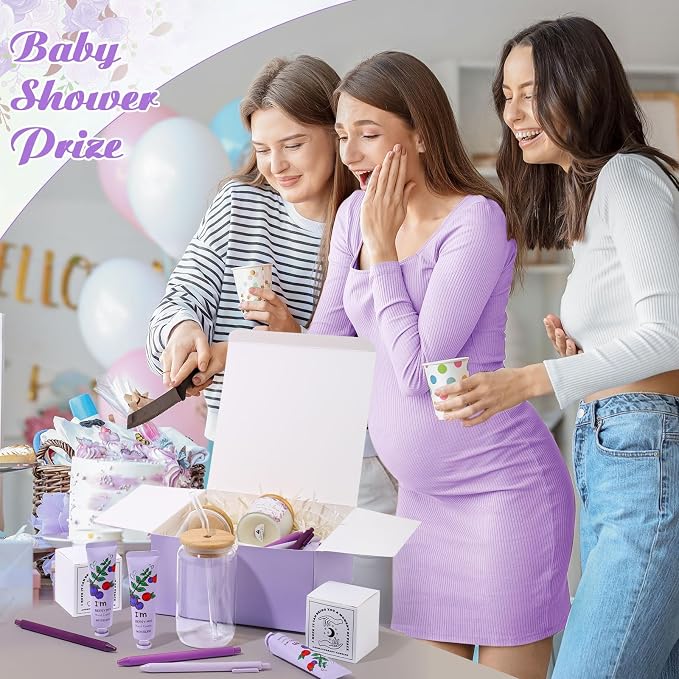 Reallnaive 6 Sets Baby Shower Prizes for Game Winners, Baby Shower Favors Including Glass Cup Scented Candles Hand Cream Pens Gift Box with Raffia for Gender Reveal Wedding Bridal Party Prizes(Purple)