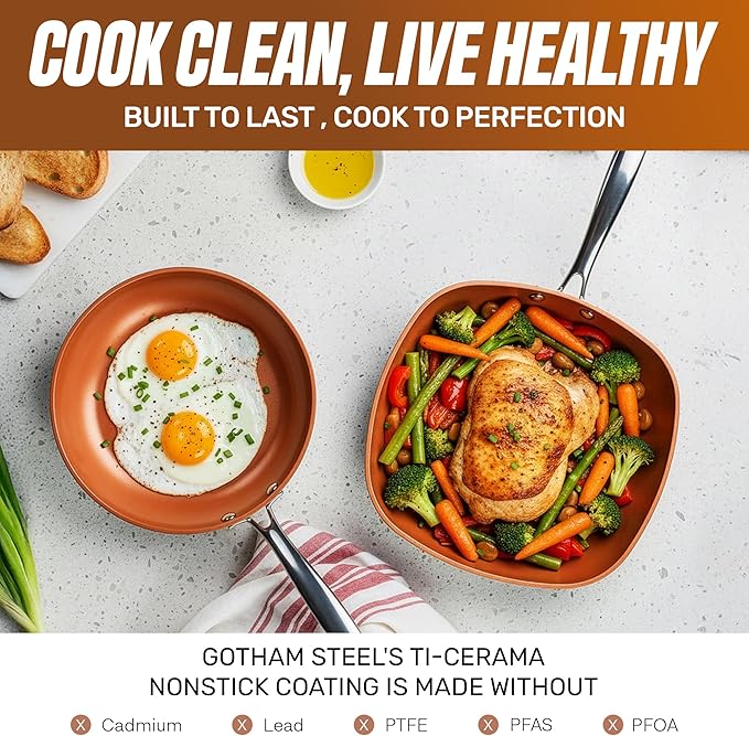 Gotham Steel 12 Pc Pots and Pans Set Non Stick Ceramic Cookware Set | Non Toxic PFOA/PFOS/PTFE Free, Stay Cool Stainless Steel Handles, Dishwasher and Oven Safe, Copper