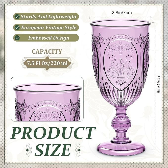 Wiwiqing 6 Pcs Plastic Goblets 7.5oz Vintage Goblet Plastic Wine Glasses Colored Retro Embossed Water Goblets for Wine Bar Juice Baby Shower Wedding Reception Grand Event Party (Purple)