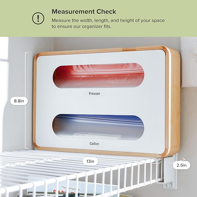 Premium Ziplock Bag Organizer – Kitchen Edge 2-Slot Bamboo Organizer with White Metal, Fits Gallon & Freezer Bags, Magnetic Top for Easy Reload, Non-Slip Base, Wall Mountable, 8.7in x 13in x 2.5in