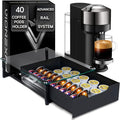Coffee Pod Holder with Rail Drawer Compatible with Nespresso Vertuoline and K-cups Capsule - 40 Pods Capacity Tempered Glass and Anti-Slip Base Metal Coffee Pods Organizer 16.14x11.81x3.94
