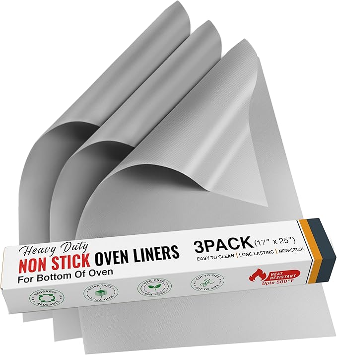 Non Stick Oven Liners for Bottom of Oven, 3 Pack Large Heavy Duty Mats, 17” x 25” BPA and PFOA Free Reusable Mat for Toaster Electric Gas Stove Microwave Charcoal or Gas Grills (Silver)