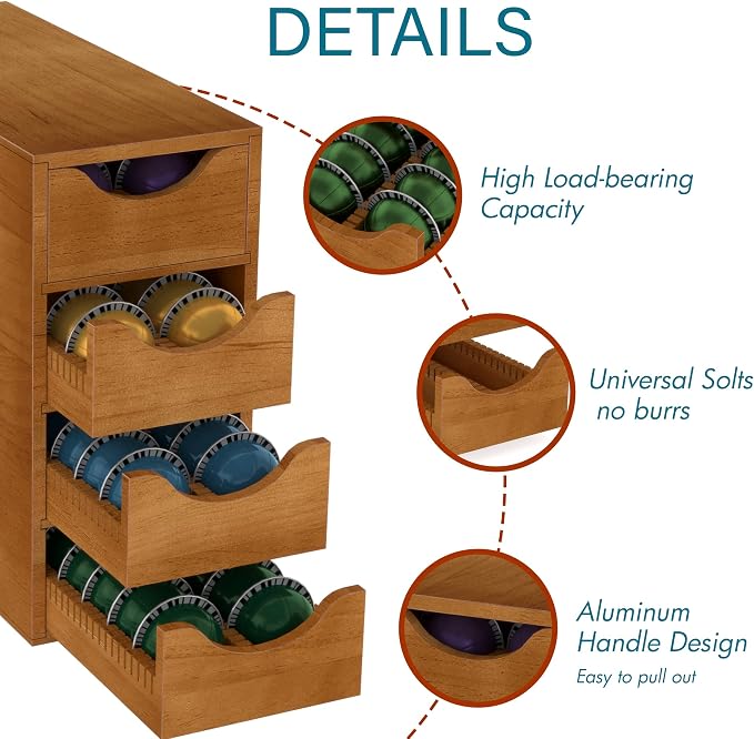 Suli Coffee Pod Holder, Coffee Capsule Storage Organizer, Save Space Coffee Pod Organizer for Countertop, Extra Large Storage Rack with Drawer, 4 Tier,104 Pods,Wood,Brown